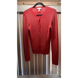 ELLEN TRACY COLLECTION RED GOLD SPARKLE BUTTON UP SWEATER SZ S